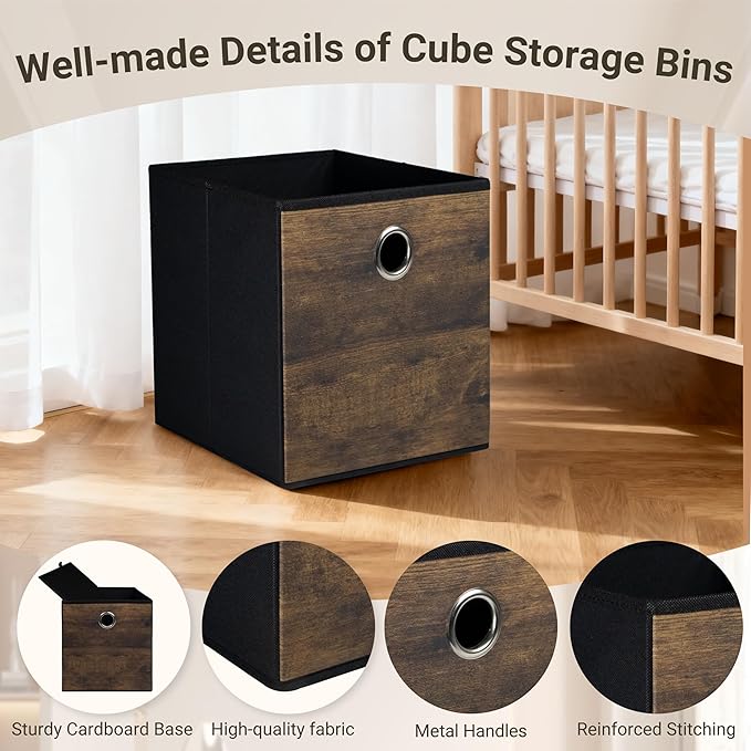 Thickened Fabric Storage Bins with Wood Grain,Foldable Storage Cubes Decorative Boxes,Sturdy Cube Organizer Basket for Shelves,Closet,Home,Office, Nursery,Dorm,Brown with Black,3 Pack (10.2x10.2x11in)