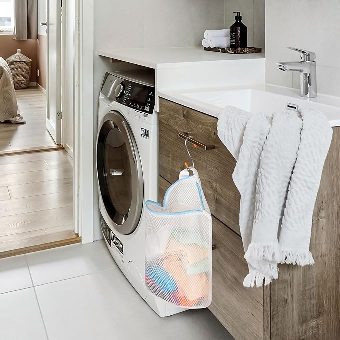 3Pcs Hanging Laundry Bags for Socks with S Hooks, 12 X 10 inch 3 Color Mesh Laundry Bags for Washing Machine