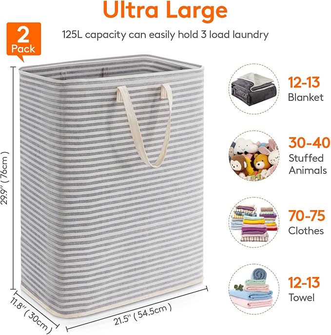 Lifewit 2 Pack Laundry Hamper Large Collapsible Laundry Baskets, Freestanding Waterproof Clothes Hamper with Easy Carry Handles in Laundry Room Bedroom Bathroom College Dorm, Grey, 2 x 125L