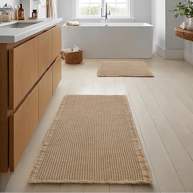 JIUZHEN Set of 2 Waffle Bath Mats Non Slip Waffle Bathroom Runner Rug Washable Boho Runner Bath Rugs Super Absorbent Shower Mat for Bathroom Kitchen Hallway Laundry, 16" x 24" +24" x 48", Brown