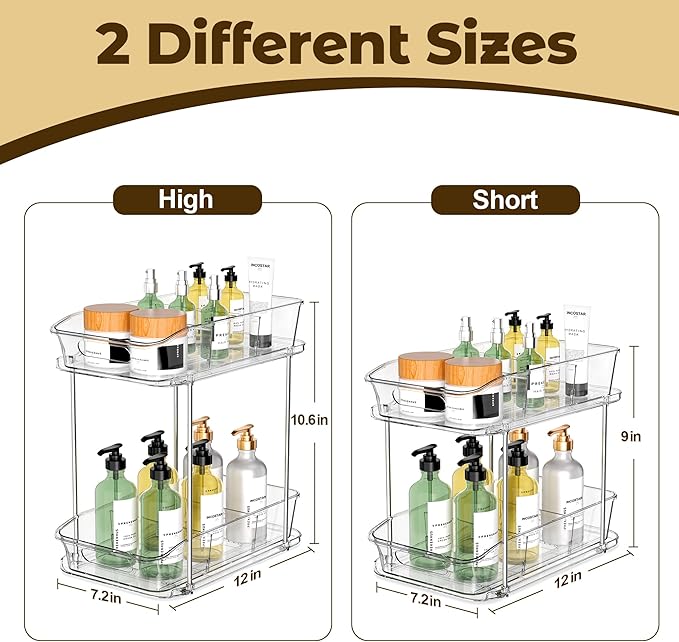 2 Tier Pull-Out Storage Organizer for Bathroom and Kitchen, Under Sink Organizer with Dividers, Ideal for Organizing Cupboard,Bathroom Vanities,Cabinet, Slide-Out Clear Storage, 4 Pack