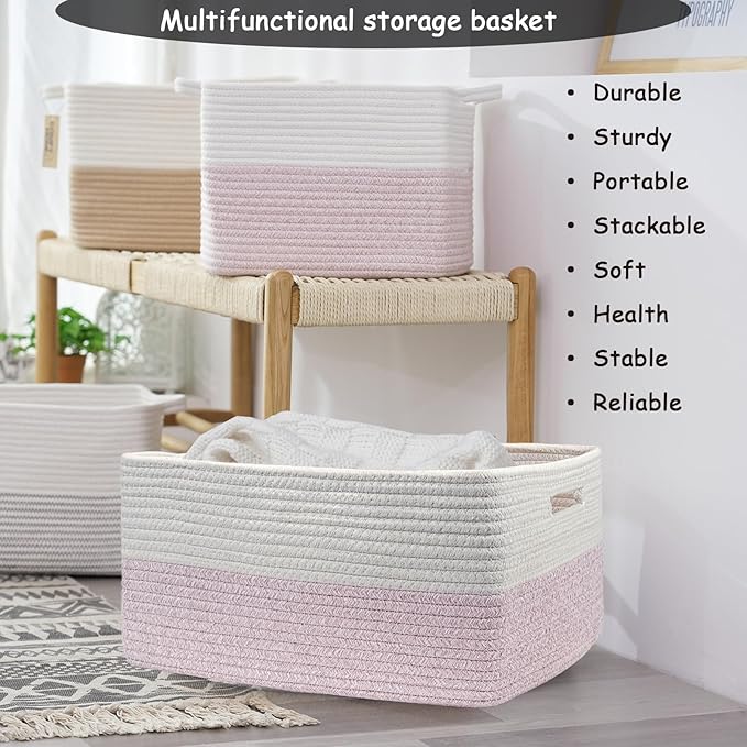 COMFY-HOMI 2 pcs Large Storage Baskets for Shelves, Laundry Basket, Woven Rope Basket, Closet Organizer Bins for Clothes Blanket Towels, Baby Nursery, Gift Toy Baskets, 17” x 13” x 7.5”-White/Pink