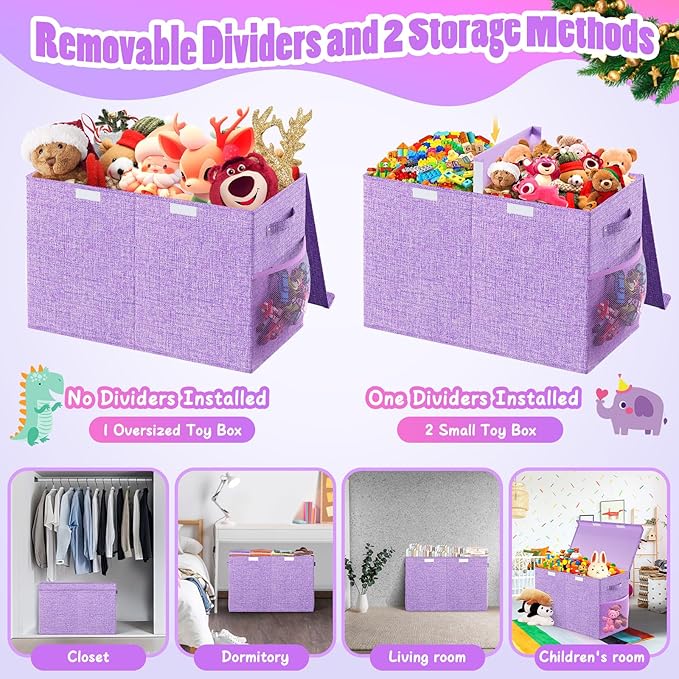 Large Toy Storage Box with Lid Divider, Sturdy Collapsible Toys Organizer Chest Kids Storage Bins Boxes Baskets for Boys, Girls, Nursery, Bedroom, Living Room, Playroom, 25"x13"x16", Purple