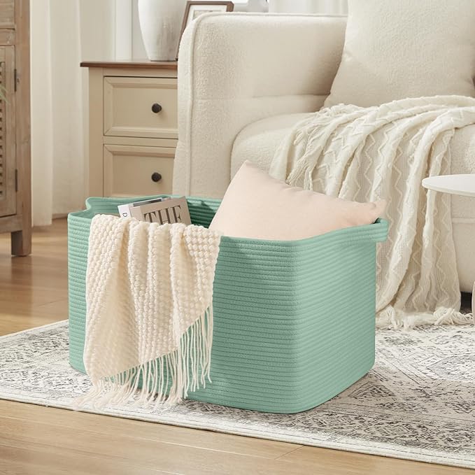 95L Extra Large Blanket Basket, 24" x 16.9" x 14.2" Woven Storage Basket for Living Room, Rectangle Nursery Blanket Storage for Toys, Towels, Dirty Clothes (Green)