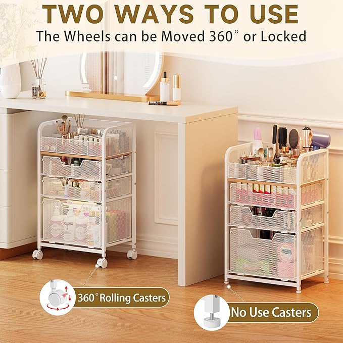 Makeup Cart Organizer with 3 Drawers,Floor Skincare Organizers with Dividers, Vanity Organizer Cosmetics Display Cases Holder for Skin Care Nail Polish Perfume Makeup brush Hair Tool,White
