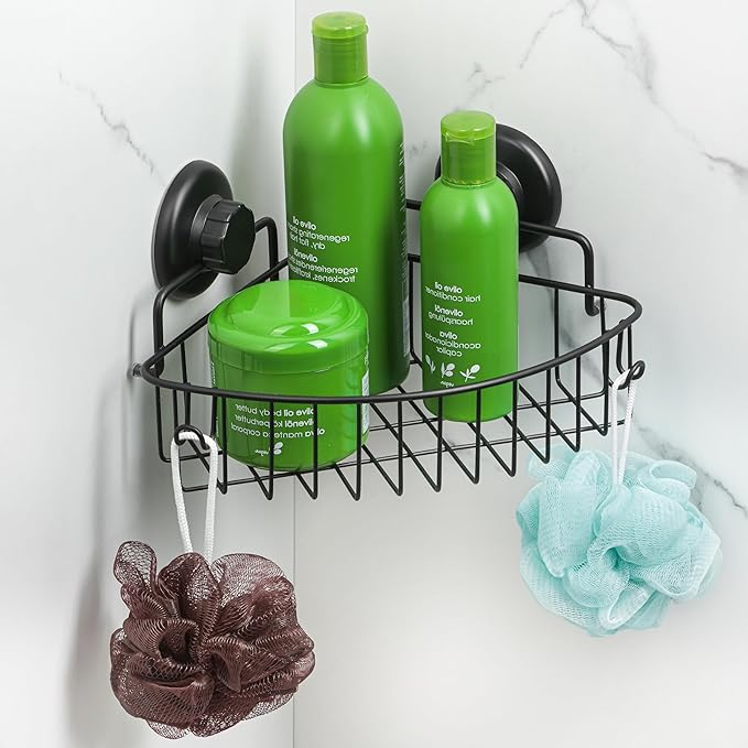Corner Shower Caddy with Suction Cup Shower Shelf with Hooks, Stainless Steel Bathroom Caddy, Wall Mounted Shower Basket for Bathroom, Adhesive 3M Stick Discs Included (Black)