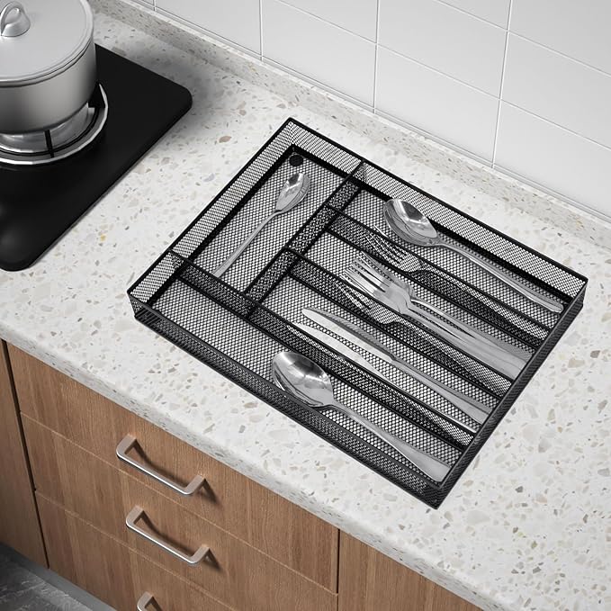 Neudeco Silverware Drawer Organizer Holder, Cutlery Tray Silverware Flatware Storage Divider for Kitchen, Bedroom, Living Room,Mesh Wire with Non-slip foam Feet, 5 Compoment（Black）