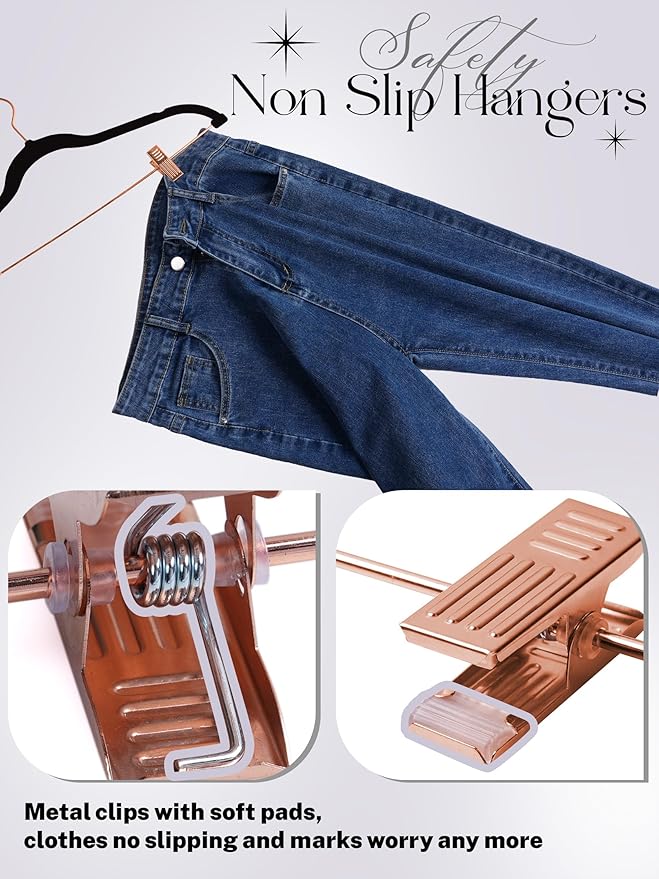 HOUSE DAY Velvet Pants Hangers with Clips 24 Pack, Ultra Thin Non Slip Velvet Skirt Hangers with Rose Gold Hooks Space Saving Clothes Hanger for Trouser, Skirts, Jeans, Dress, Coats (Black)