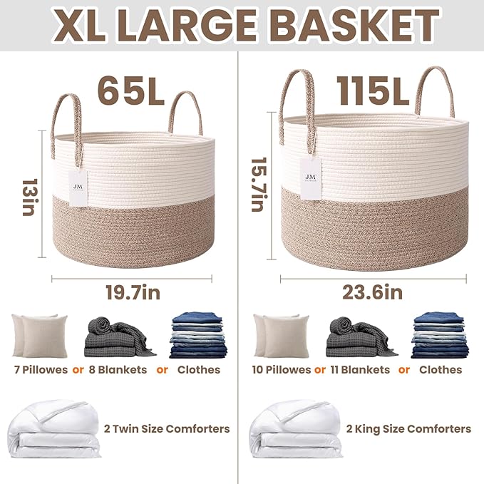 115L Extra Large Blanket Basket for Living Room - Woven Cotton Rope Laundry Hamper with Reinforced Handles - Storage Bin for Pillows, Comforters & Toys - Machine Washable,White&Brown