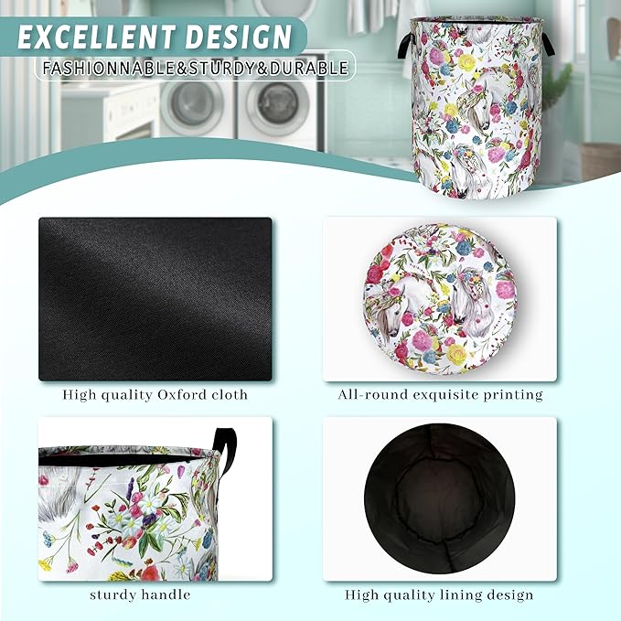 Beautiful Horse Laundry Basket Colorful Floral Animal Laundry Hamper Foldable Oxford Cloth Funny Tote Bag Clothes Toy Storage Bucket For Bathroom/Laundry Storage/Bedroom 18.9 x 16.5 Inch