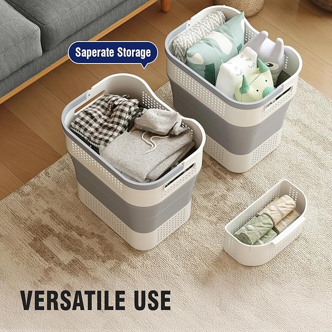 TECHMILLY Collapsible Plastic Laundry Basket Hamper with Handles, 35L Portable Rubber Clothes Basket, Pop Up Storage Container/Organizer with Hanging basket for Washing & Storage, Grey