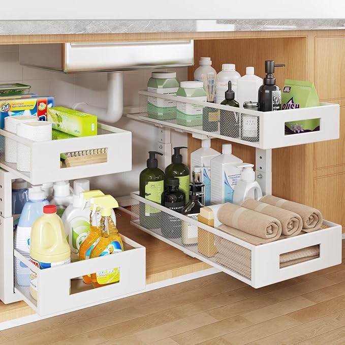 2 Packs 19IN Depth Under Sink Organizer, 2-Tier Pull Out Cabinet Organizer With Smooth Circular Rail, Large Capacity Metal Mesh Sliding Drawers For Bathroom& Kitchen Storage,Height Adjustable –White