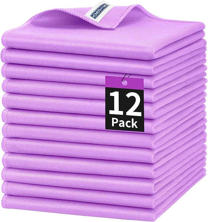 HOMERHYME Microfiber Cleaning Cloth, 12 Pack Window Glasses Cleaning Cloth, Reusable Lint-Free Streak Free Polishing Cloth Wipes for Stainless Steel, Eyeglass, Mirror, Screen & Lense,12"*12" Purple