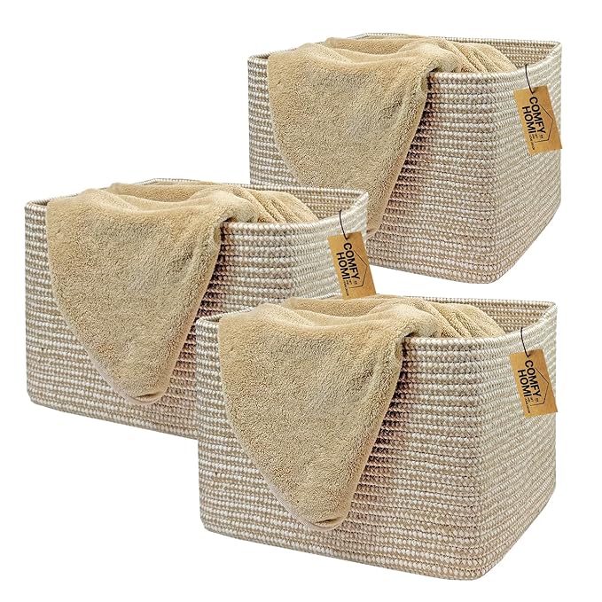 COMFY-HOMI 3Pack Small Woven Cotton Rope Basket for Organizing, Gift Baskets for Handles, Empty Gift Baskets, Medium Rope Basket|13.5" x 11" x 9.5" home decor for Living Room, Bathroom