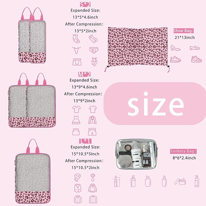 7 Pcs Compression Packing Cubes for Travel Luggage, Lightweight Suitcase Organizer Bags Set, Compression Packaging Cube for Travel Essentials, Packing Cubes for Carry on Suitcase