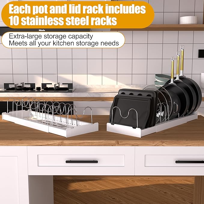 2 Pack Pots and Pans Organizer Racks Under Cabinet, Expandable Food Storage Container Lid Holder, Includes 20 Stainless Steel Racks & White Plastic Base, Perfect for Kitchens, Apartments & RVs