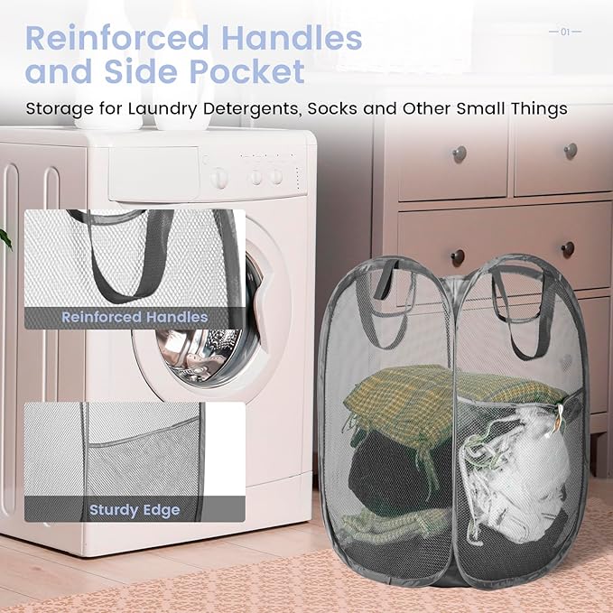 HOUSE AGAIN 2 Pcs Pop Up Laundry Hamper, Strong Mesh Laundry Baskets Collapsible, Hamper with Handles and Side Pocket, Portable Foldable Dirty Clothes for Dorm, Laundry room and Travel Storage, Grey