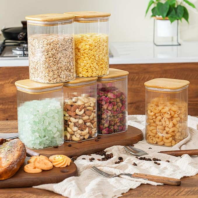 D2scrma 37oz Airtight Glass Square Storage Canisters with Bamboo Lids Set of 6 (1100ml) Striped Stackable Containers, Decorative Kitchen Jars for Tea, Nuts and Coffee (‎with Black Lable)