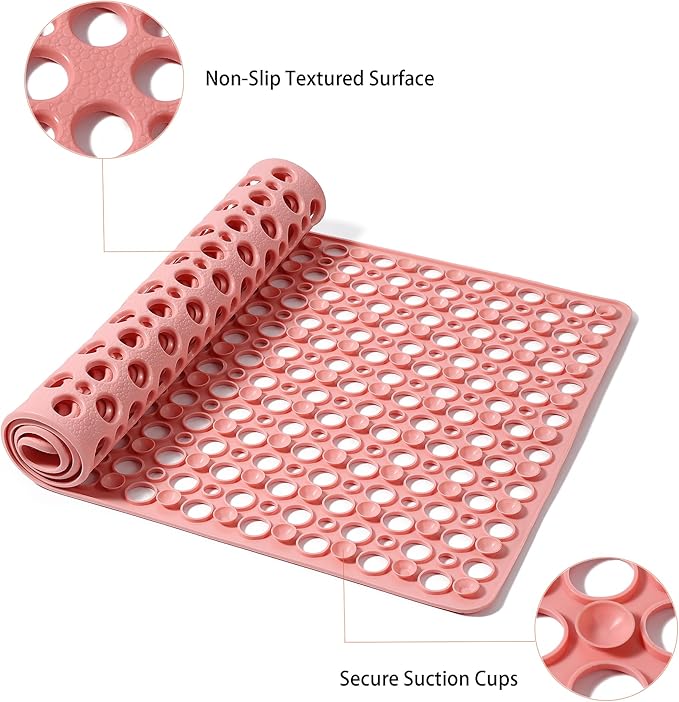 Nonslip Bathtub Mat Extra Soft TPE Bath Mat for Kids, Machine Washable Bathroom Shower Mat, Smooth/Non-Textured Tubs Only, 35L x 16W Inch (Pink)