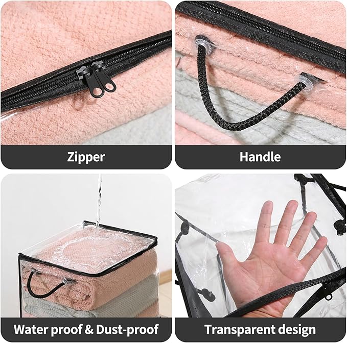 10 PCS Clear Zippered Storage Bags with Handles,Sweater Storage with Two-Way Zipper,Foldable Closet Organizer Bed Sheet Organizer,Cube Plastic Organizer,Bag,Bin for Clothes,Towel-BK