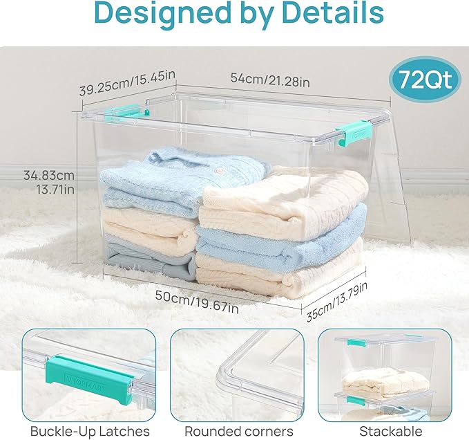 Vtopmart 4 Pack 72 QT Crystal Clear Storage Bins with Lids, 4 Pack Stackable Plastic Large Latching Boxes Totes Tubs Container for Closet Organizers and Storage, Bedroom, Clothes, Toys, Bedding