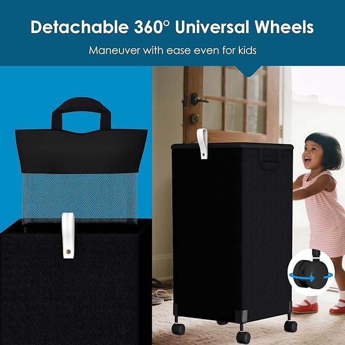 Laundry Basket With Wheels 105L, Large Rolling Laundry Hamper With Removable Bag, Metal Frame Collapsible Dirty Clothes Bin, Cloth Organizer Hampers Pull Handle For Bathroom, Dorm, Bedroom Black