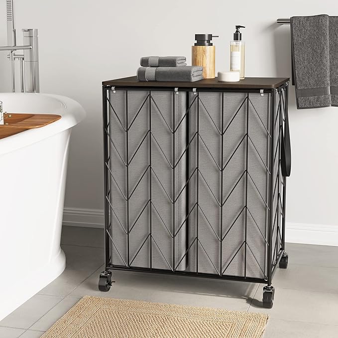 WOWLIVE Laundry Basket with Wheels, Heavy Duty Laundry Hamper with Wood Lid, Clothes Hamper with Divided Removable Liner Bag, Large Capacity Iron-Made Laundry Sorter Laundry Room Organization (Grey)