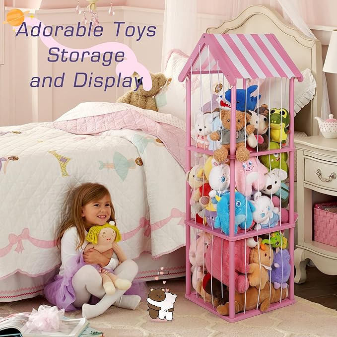 Stuffed Animal Storage, Space Saving Vertical Stuffed Animal Holder Wood, Easy Assembly Cottage-Style Plush Toys Organizer for Kids Bedroom & Playroom (Pink, Large)