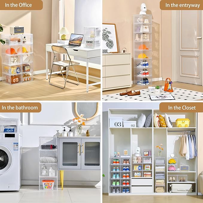 Storage Bins with Lids 10 Pack Clear Stackable Plastic Closet Organizers Containers w/Magnetic Door Box for Wardrobe Bedroom Office Dorm
