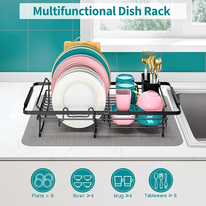 Expandable in Sink Dish Drying Rack - Adjustable Dish Rack Over Sink, Rustproof Dish Drainer for Kitchen Counter, Dish Strainer with Utensil Holder, Fit Kitchen for 13"-18"