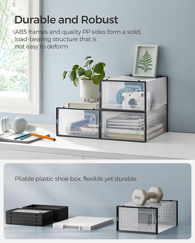 SONGMICS Shoe Boxes, Pack of 18 Shoe Storage Organizers, Stackable Clear Plastic Boxes for Closet, Sneakers, 13.1 x 9.1 x 5.6 Inches, Transparent and Black ULSP18SBKV1