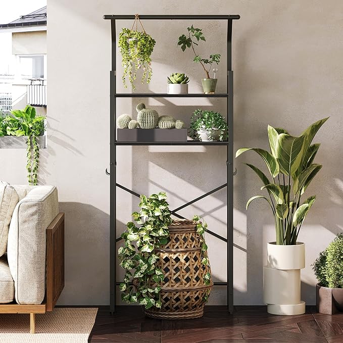 2-Tier Over The Toilet Storage, Multifunctional Vertical Over Toilet Bathroom Organizer, Freestanding Bathroom Storage Shelves with Hooks, Bathroom Organizer, Rustic Brown and Black TR01BB
