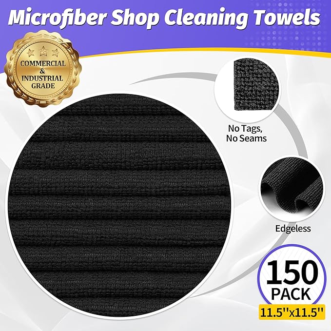 HOMERHYME Microfiber Cleaning Cloth, 150 Pack Black Cleaning Rags Microfiber Towel Bulk Absorbent Lint-Free Wash Cloths, All-Purpose Towels for Cars, Shop, Automotive, Garage, Home & Kitchen