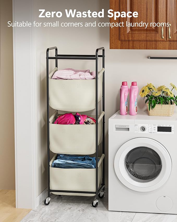 Moforoco Vertical Laundry Sorter 3 Section with Removable Bag, Laundry Hamper with Wheels, 120 L Rolling Laundry Baskets organizer for Bathroom, Apartment, Dorm Room, Beige