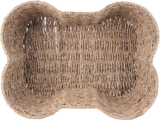 Dog Toy Basket, Bone Shaped Dog Toy Bin, Handmade Pet Organizer And Storage, Toy Box for Cats, (17x13 Seagrass)