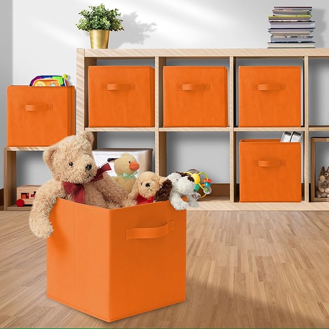 Casafield Set of 6 Collapsible Fabric Cube Storage Bins, Orange - 11" Foldable Cloth Baskets for Shelves, Cubby Organizers & More