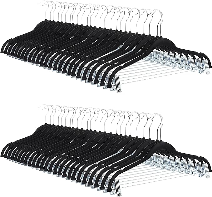 Amazon Basics Velvet Non-Slip Skirt Clothes Hangers with Clips, 360 Degree Rotatable Hook, Sturdy Construction, Organize Pants and Skirts, Black/Silver, 50-Pack