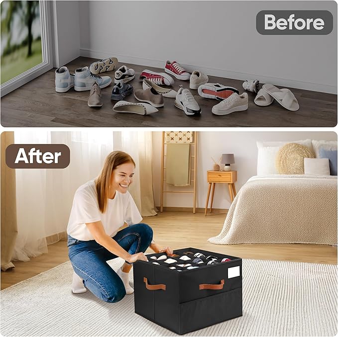 MSTONAL Shoe Organizer for Closet, 2 Pack Shoe Storage Containers with Adjustable Dividers, Space Saving Shoe Box Organizers Bins with Clear Lids & 4 Reinforced Handles, Fits 16-32 Pairs, Pure Black