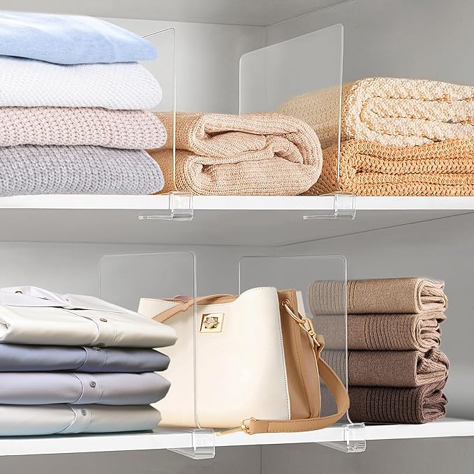 12 Inches [Extra Tall Version] Clear Shelf Dividers for Closet Organization and Storage, 6 Pack Purse Organizer for Closet Acrylic Adjustable Bookshelf for Organization, Perfect for Sweater, Clothes