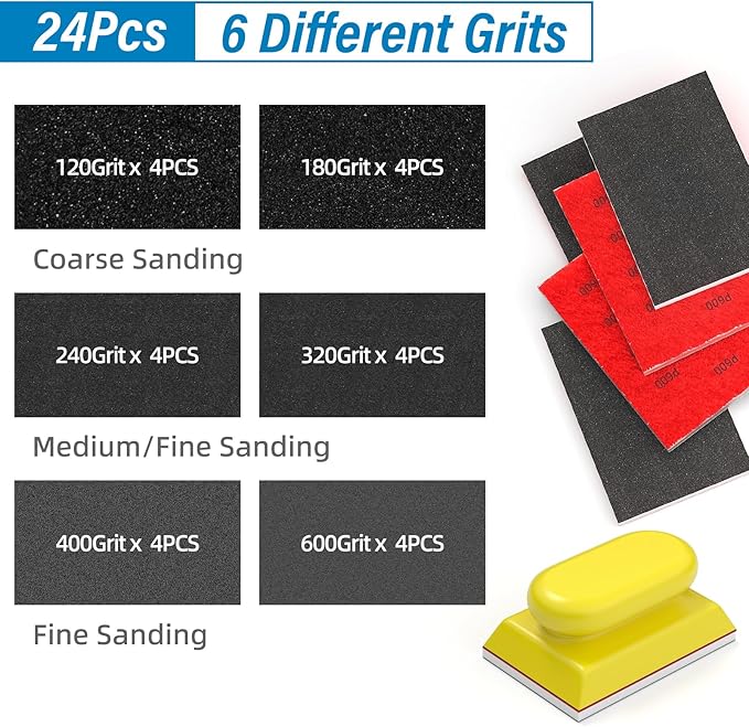 BURMONG 25PCS Sanding Sponge Set 120–600 Grit, Reusable 3×4 Inch Wet Dry Foam Sanding Blocks for Wood, Furniture, Metal & Drywall