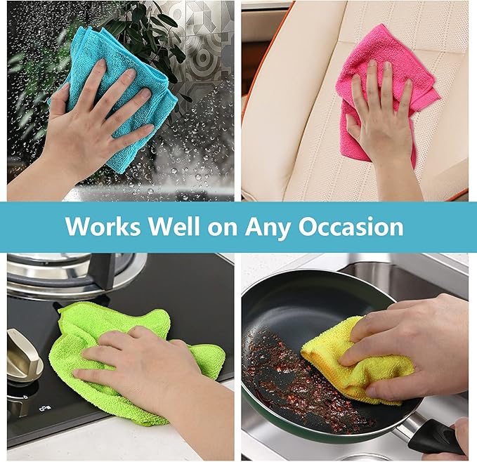 HOMEXCEL Microfiber Cleaning Cloth,12 Pack Cleaning Rags, Cleaning Towels with 4 Color Assorted, 11.5"X11.5"(Green/Blue/Yellow/Pink)