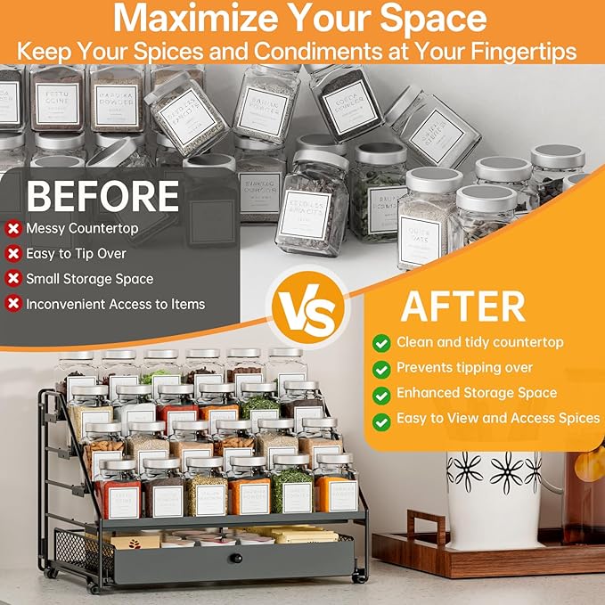 Spice Rack Organizer for Cabinet: 4 Tier Adjustable Spice Rack Organization with Drawer, Depth Metal Shelf for Kitchen Countertop, Cupboard, Pantry, Holds Seasoning and Condiments (Black)