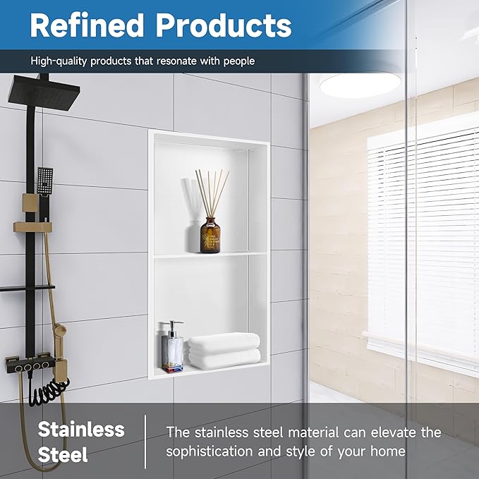 BATHFINESSE Shower Niche 9" X 25" White, Stainless Steel Wall Niche Double Shelves Recessed Shower Shelf for Bathroom Storage, No Tile Needed Over Mount Installation