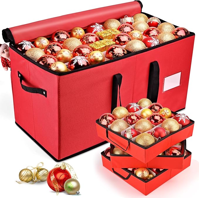 Mrrihand Christmas Ornament Storage Box, Ornament Storage Container with 8 Trays-Xmas Decoration Organizer Keeps 128 Holiday Ornaments 3-Inch, Dual Zipper Closure, 600D Tear-Proof（Red）