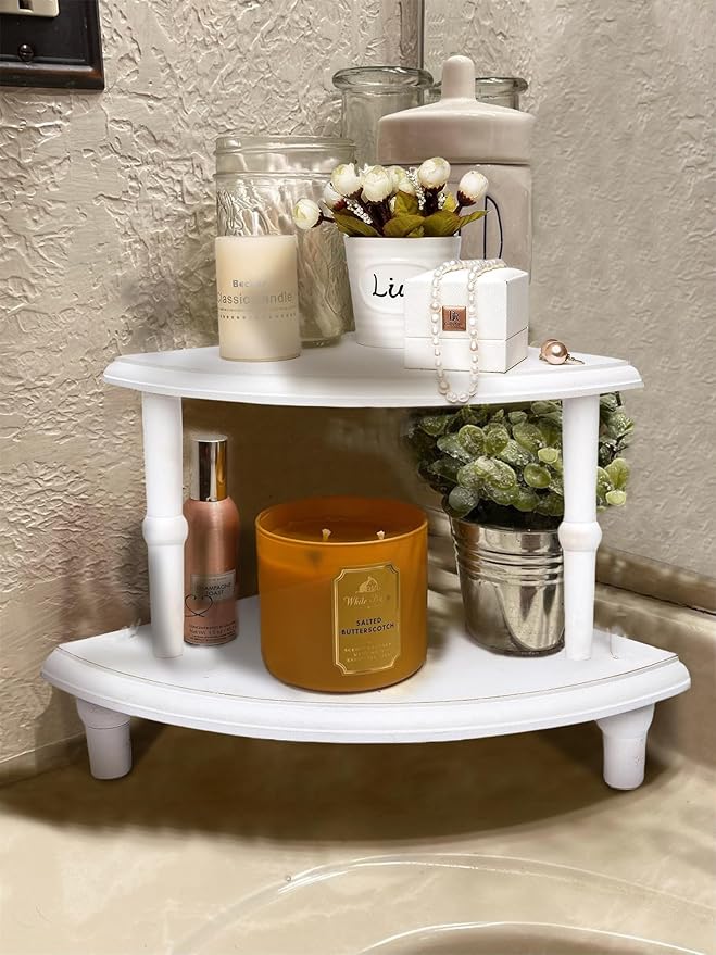 Defined Deco Kitchen Countertop Organizer-2 Tier Stackable Corner Shelf-White Bathroom Counter Organizer-Farmhouse Display Riser,Storage Pedestal Stand for Kitchen Counter Decor,Bathroom Storage Decor