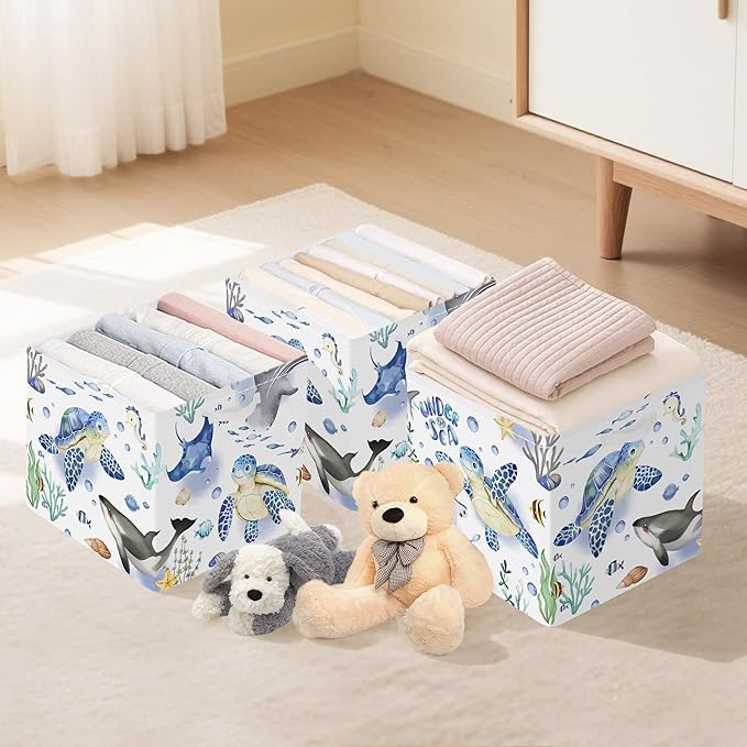 Clastyle 3 pcs Ocean Animals Cube Storage Unit Bin with Metal Frame Foldable Kallax Box for Shelves Parents Closet Organizer Basket for Book Clothes Toy Organizer, Turtle, 11.8x11.8x11.8 in