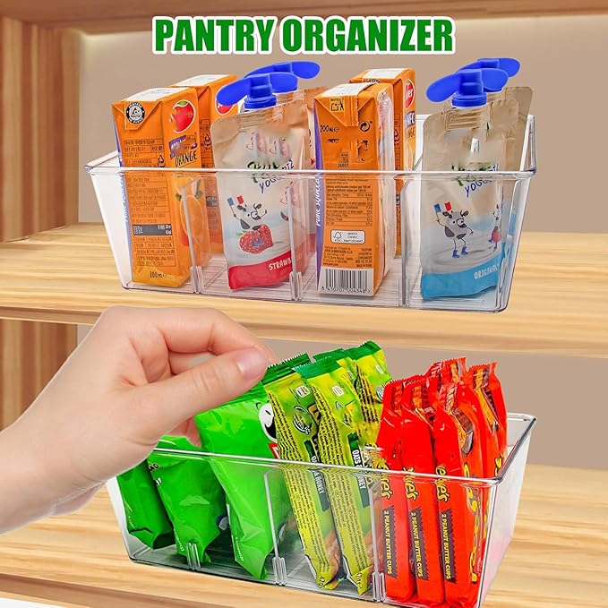 3 Pack Pantry Organizers,Clear Plastic Organizer Bins for Kitchen,Fridge,Drawer Organization and Storage, 4 compartment Snack Containers for Spice Packets,Tea bag