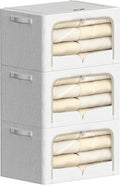 FHSQX 3 Pack Clothes Storage Bins Foldable Metal Frame Storage Box Stackable Linen Fabric Container Organizer Set with Carrying Handles and Clear Window (Cream White, 15.7x11.8x7.8inch(22L))