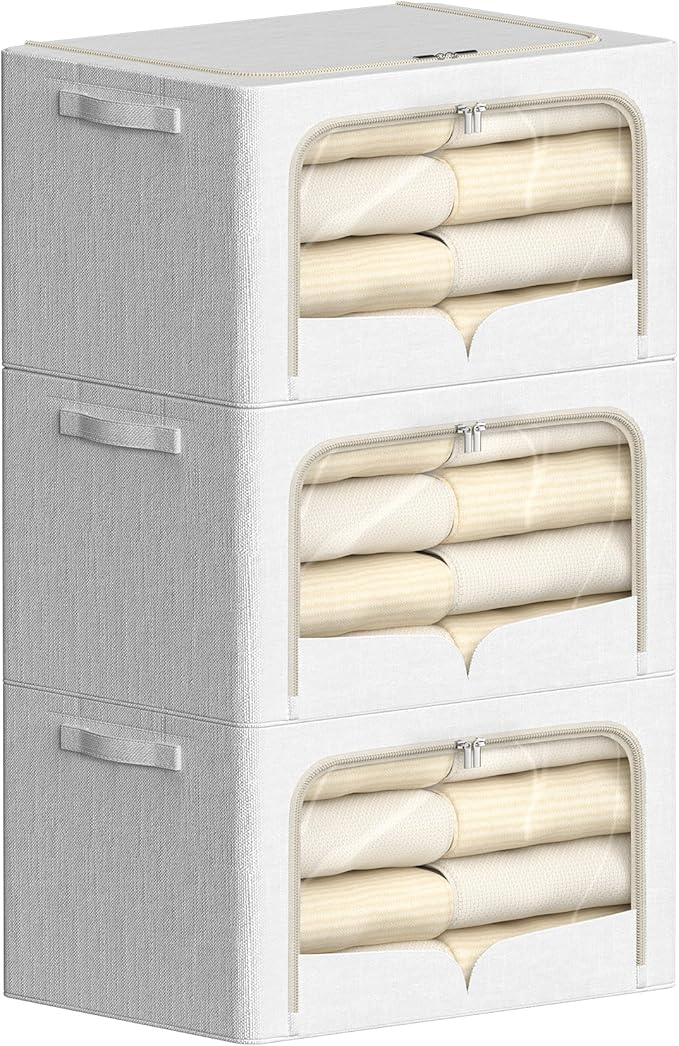 FHSQX 3 Pack Clothes Storage Bins Foldable Metal Frame Storage Box Stackable Linen Fabric Container Organizer Set with Carrying Handles and Clear Window (Cream White, 15.7x11.8x7.8inch(22L))