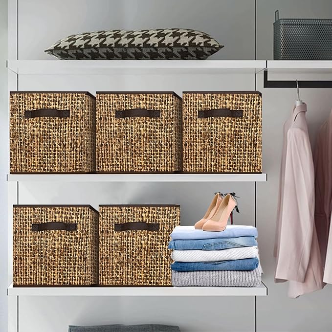 homyfort 12x12 Cube Storage Bins - Fabric Cubby Bins with Dual Handles, Collapsible Storage Organizer for Shelf, Closet, Nursery, Set of 6 （Not Rattan Weaving）